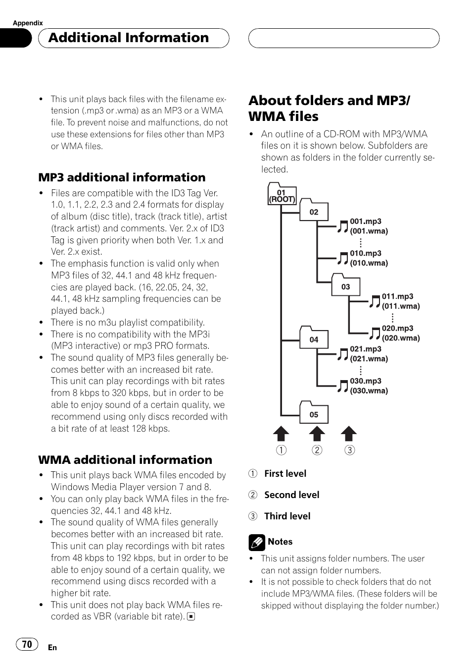 About folders and mp3/wma files 70, About folders and mp3/ wma files, Additionalinformation | Mp3 additionalinformation, Wma additionalinformation | Pioneer AVX-P7650DVD User Manual | Page 70 / 79