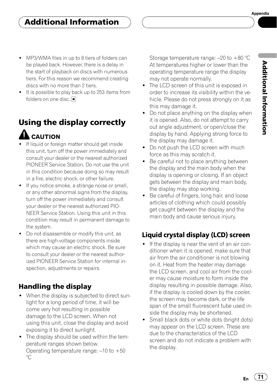 Using the display correctly 71, Using the display correctly, Additionalinformation | Handling the display, Liquid crystaldisplay (lcd) screen | Pioneer AVX-P7650DVD User Manual | Page 71 / 79