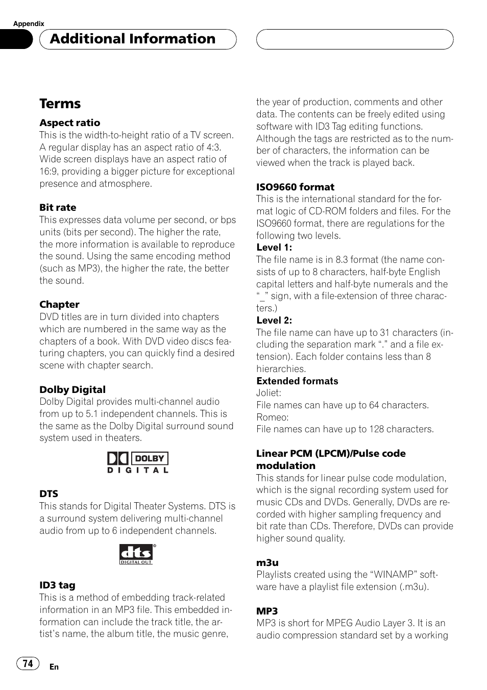 Terms 74, Terms, Additionalinformation | Pioneer AVX-P7650DVD User Manual | Page 74 / 79