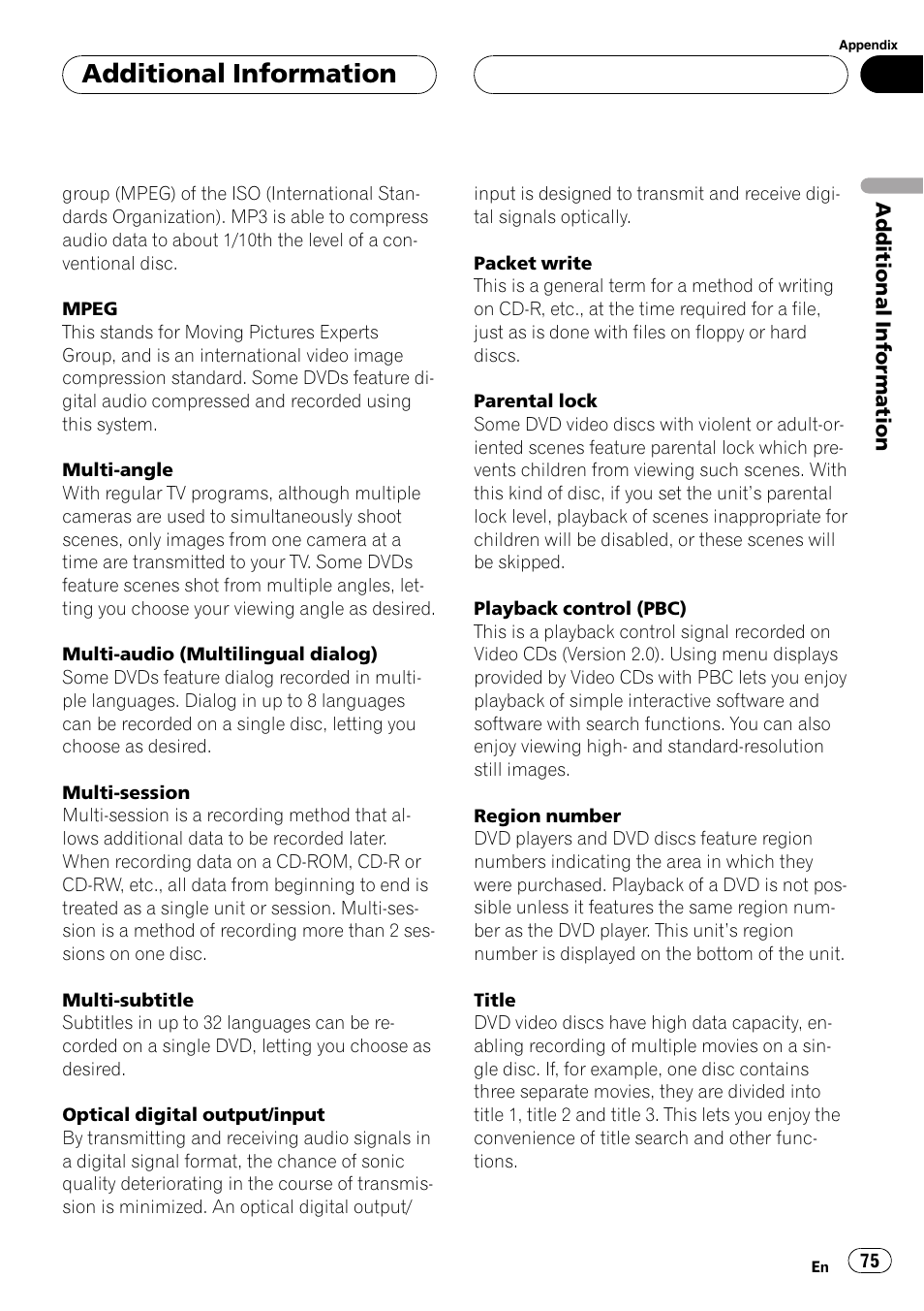 Additionalinformation | Pioneer AVX-P7650DVD User Manual | Page 75 / 79