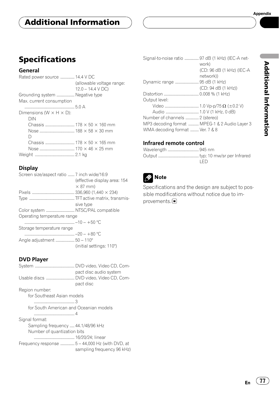 Specifications 77, Specifications, Additionalinformation | Pioneer AVX-P7650DVD User Manual | Page 77 / 79