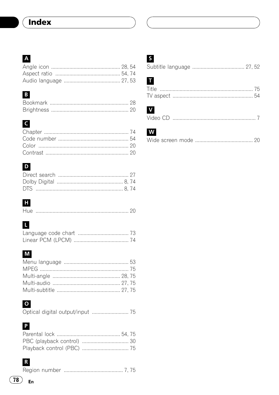 Index 78, Index | Pioneer AVX-P7650DVD User Manual | Page 78 / 79