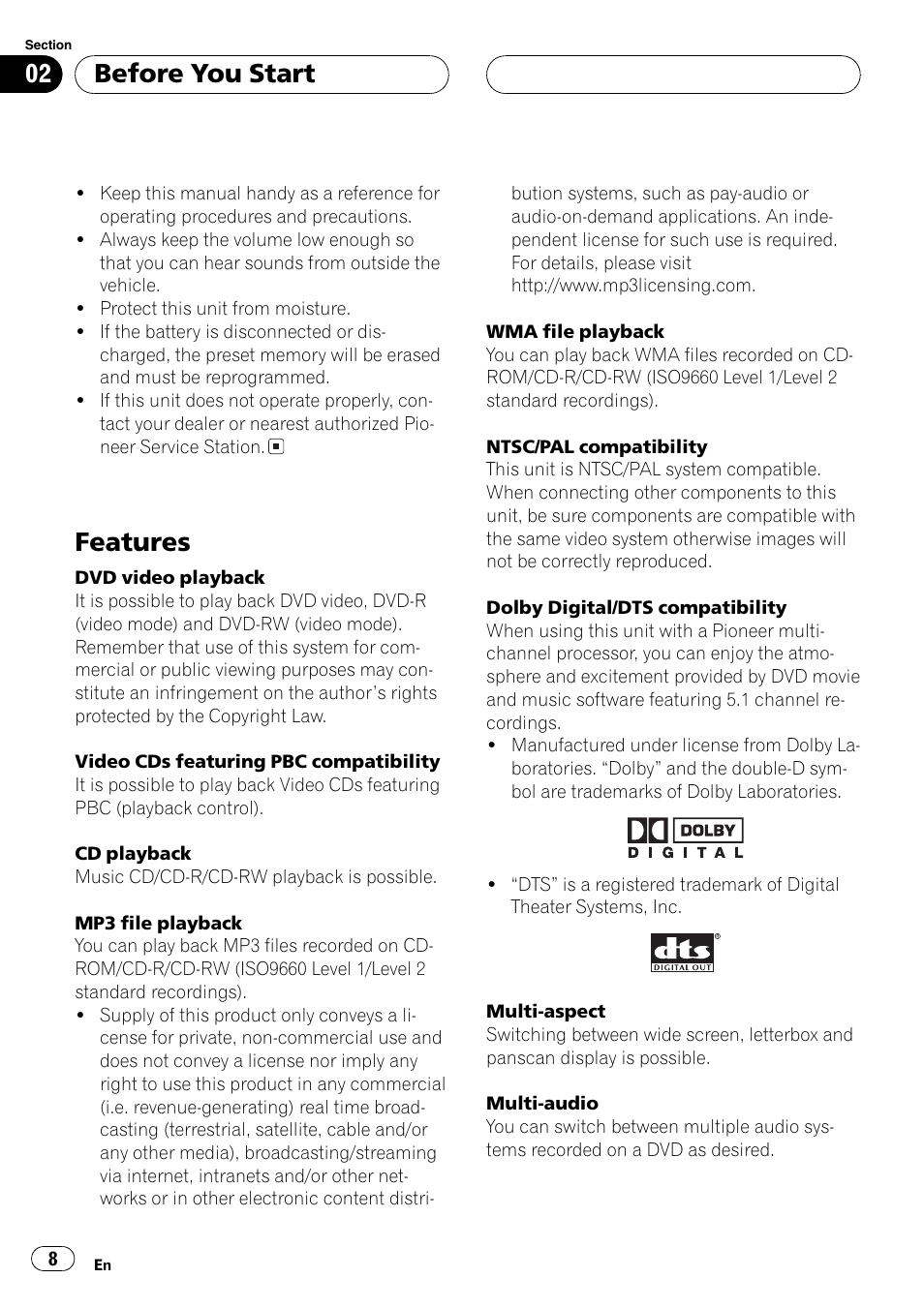 Features 8, Features, Before you start | Pioneer AVX-P7650DVD User Manual | Page 8 / 79