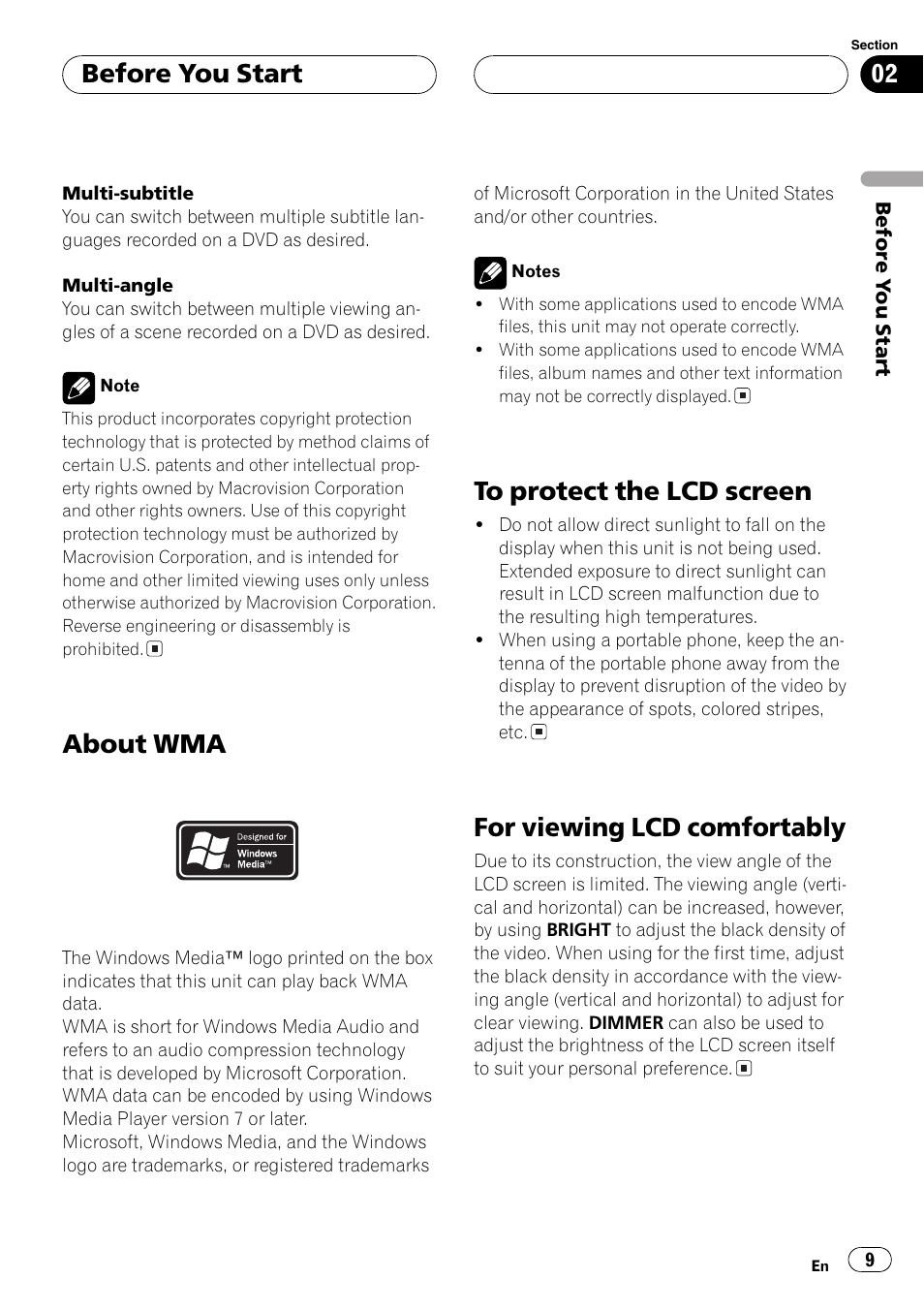 About wma, For viewing lcd comfortably, Before you start | Pioneer AVX-P7650DVD User Manual | Page 9 / 79