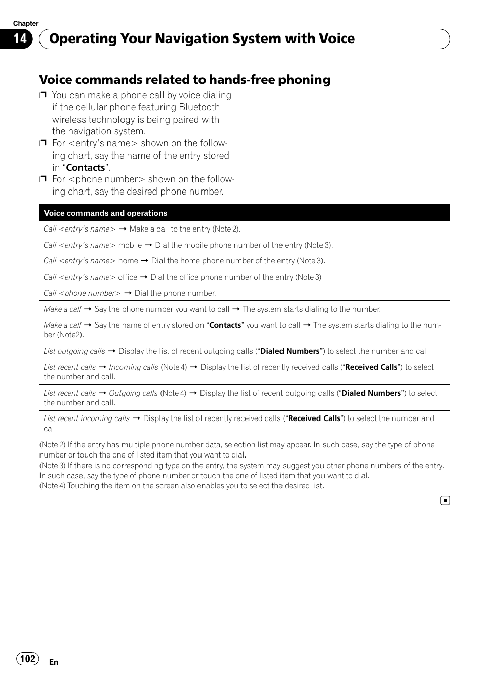 Voice commands related to hands-free, Phoning, Operating your navigation system with voice | Voice commands related to hands-free phoning | Pioneer AVIC F500BT User Manual | Page 102 / 129