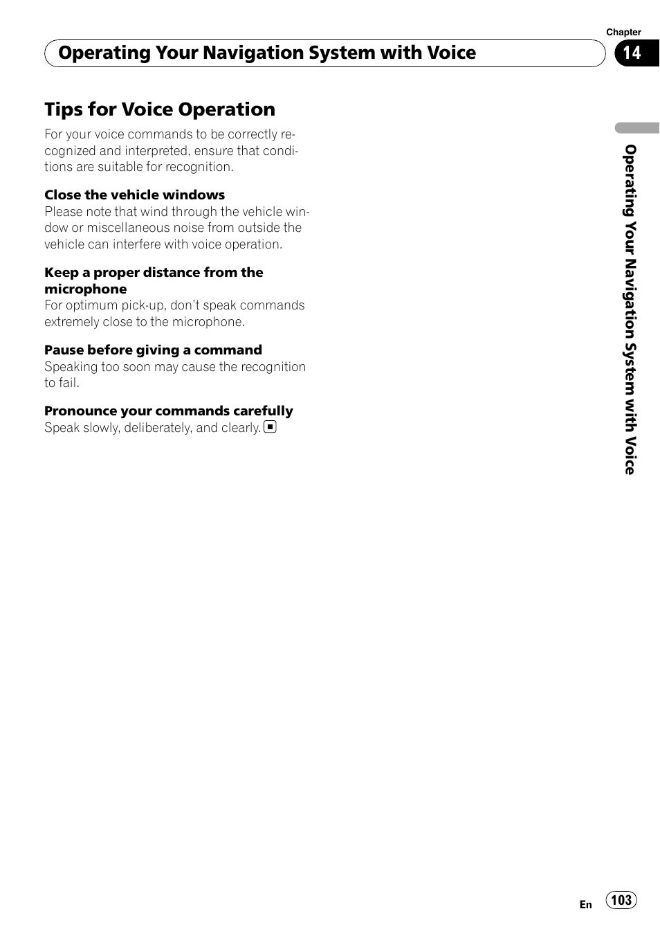 Tips for voice operation, Operating your navigation system with voice | Pioneer AVIC F500BT User Manual | Page 103 / 129