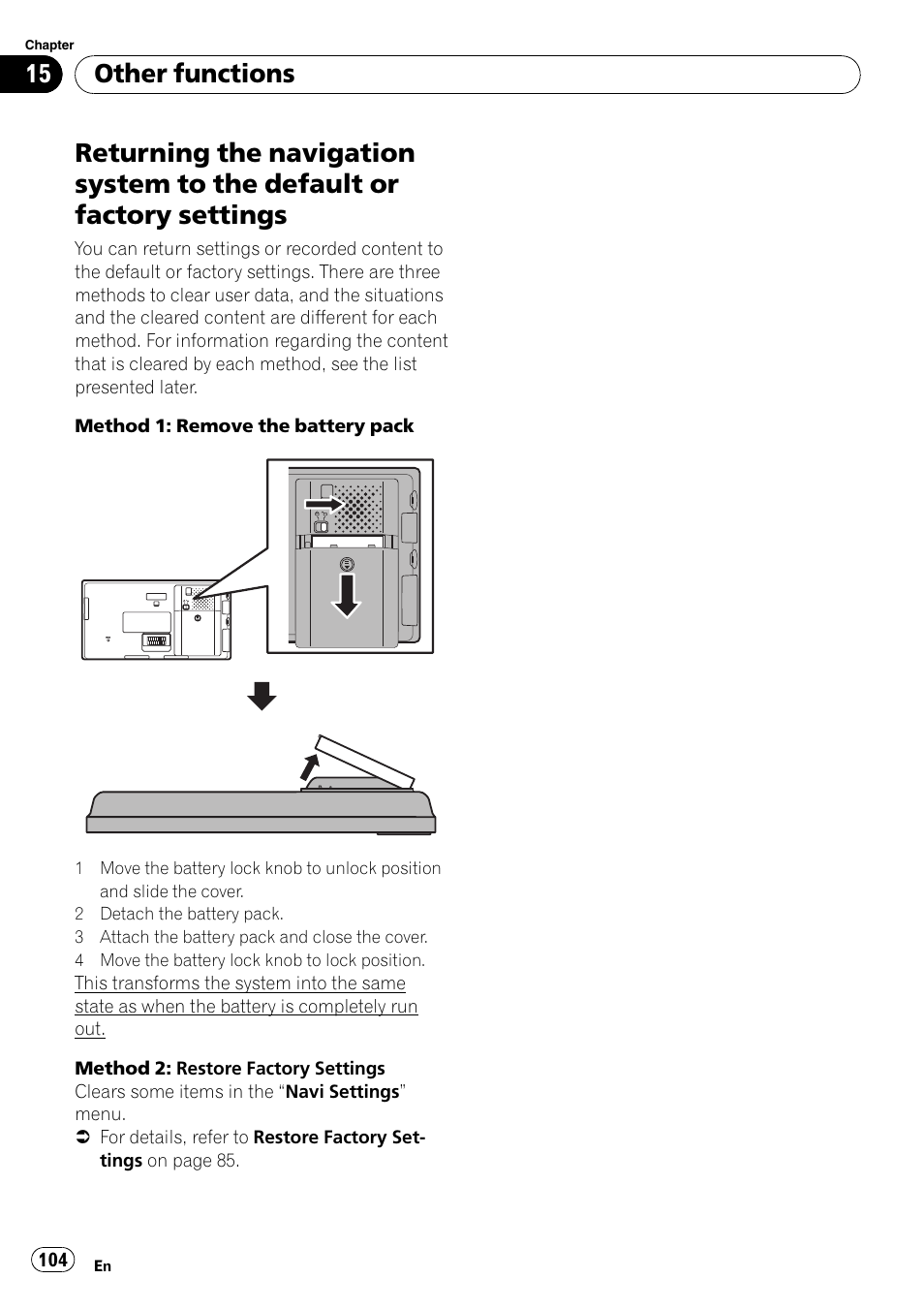 Default or factory settings, Other functions | Pioneer AVIC F500BT User Manual | Page 104 / 129