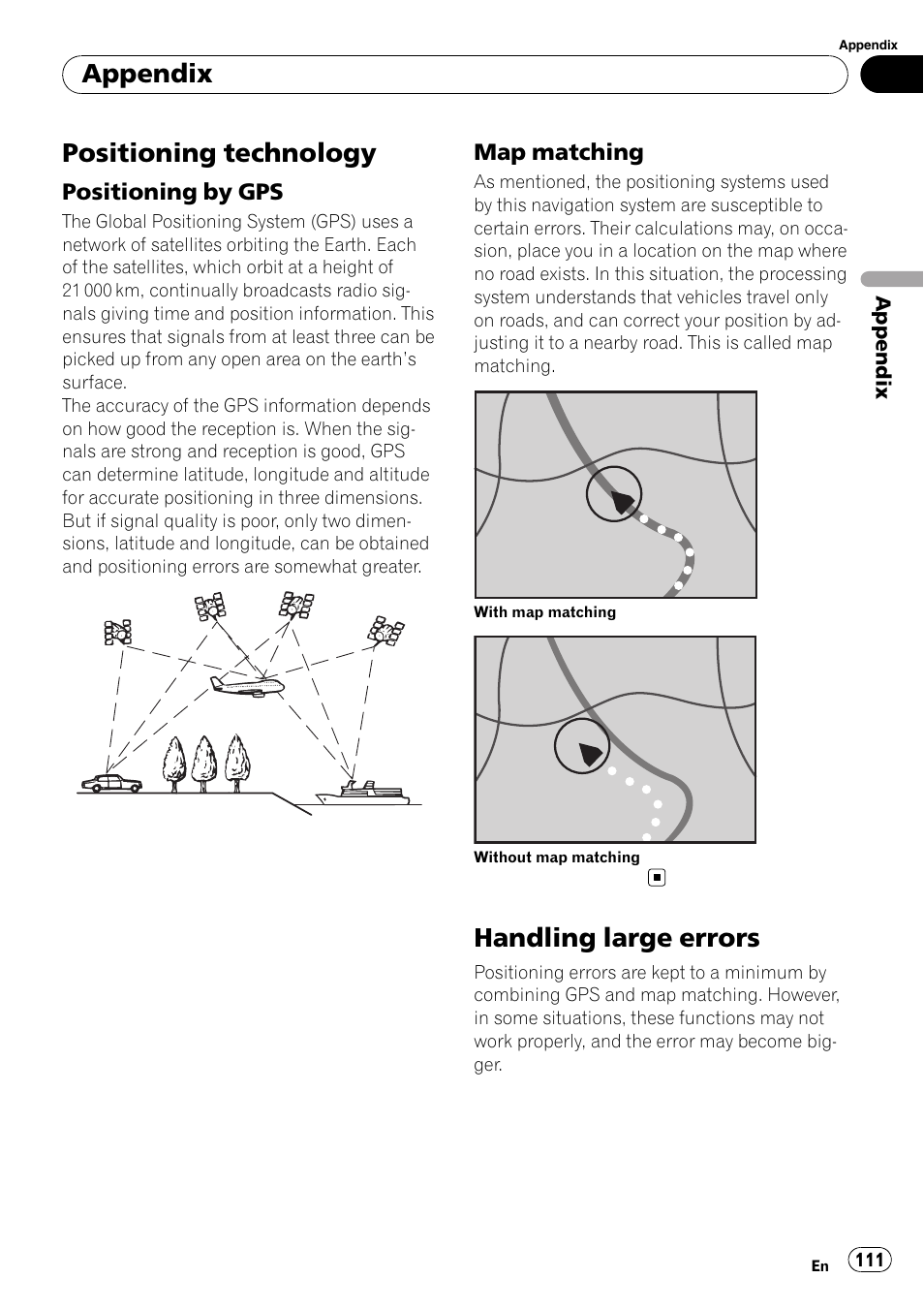 Positioning technology, Positioning by gps 111, Map matching 111 | Handling large errors, Appendix | Pioneer AVIC F500BT User Manual | Page 111 / 129