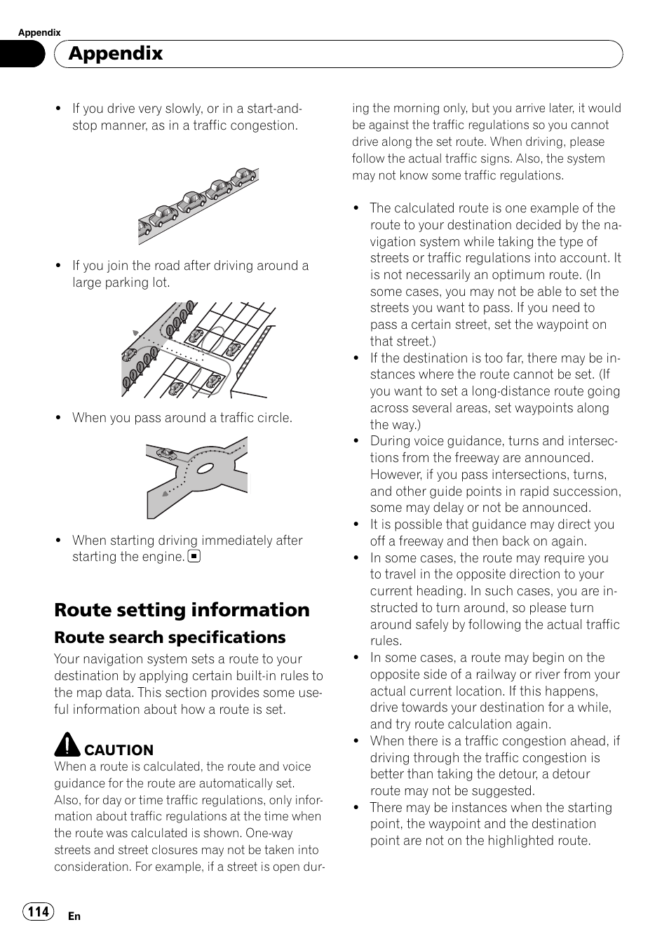Route setting information, Route search specifications 114, Appendix | Route search specifications | Pioneer AVIC F500BT User Manual | Page 114 / 129