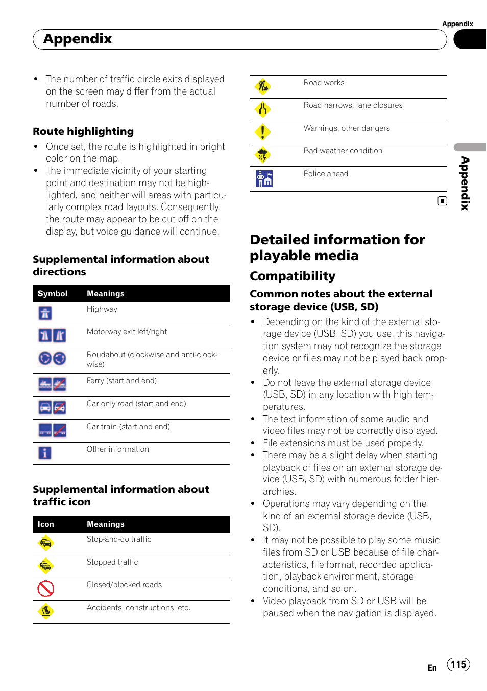 Detailed information for playable media, Compatibility 115, Appendix | Compatibility | Pioneer AVIC F500BT User Manual | Page 115 / 129