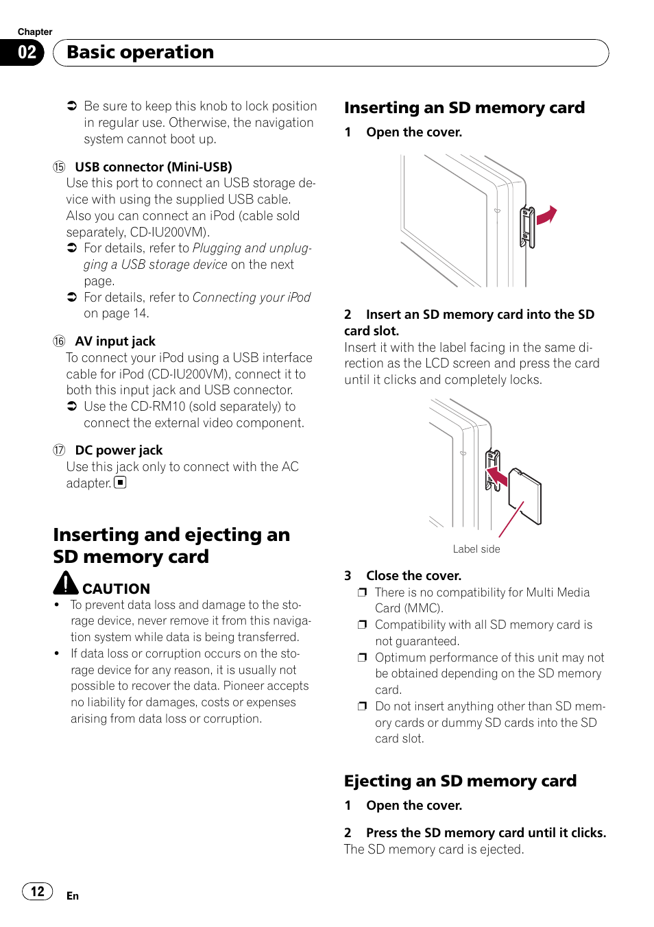 Inserting and ejecting an sd memory, Card, Inserting an sd memory card 12 | Ejecting an sd memory card 12, Basic operation | Pioneer AVIC F500BT User Manual | Page 12 / 129