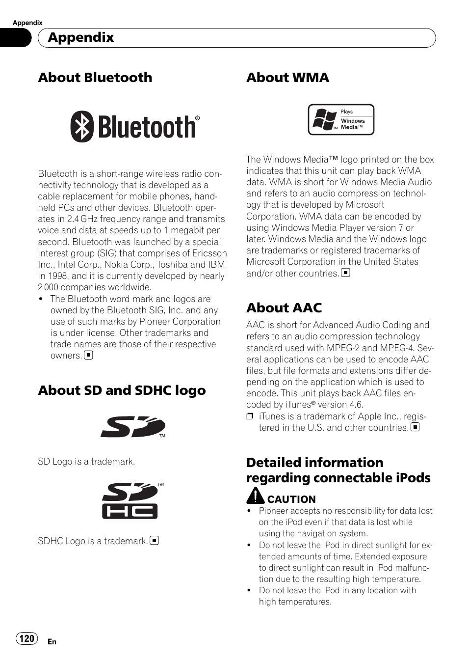 About bluetooth, About sd and sdhc logo, About wma | About aac, Detailed information regarding connectable, Ipods, Detailed information regarding connectable ipods, Appendix | Pioneer AVIC F500BT User Manual | Page 120 / 129