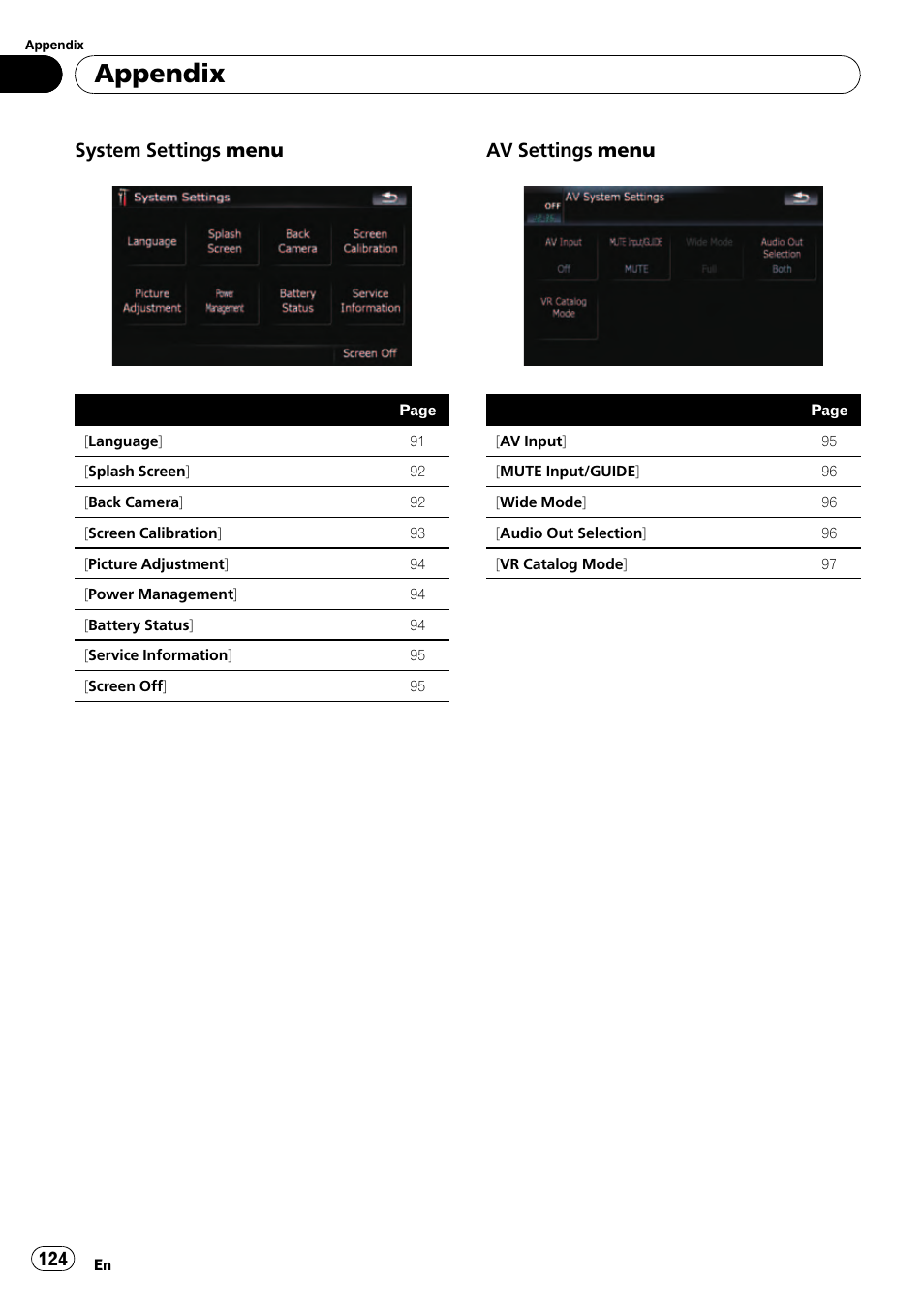 Appendix, System settings menu, Av settings menu | Pioneer AVIC F500BT User Manual | Page 124 / 129