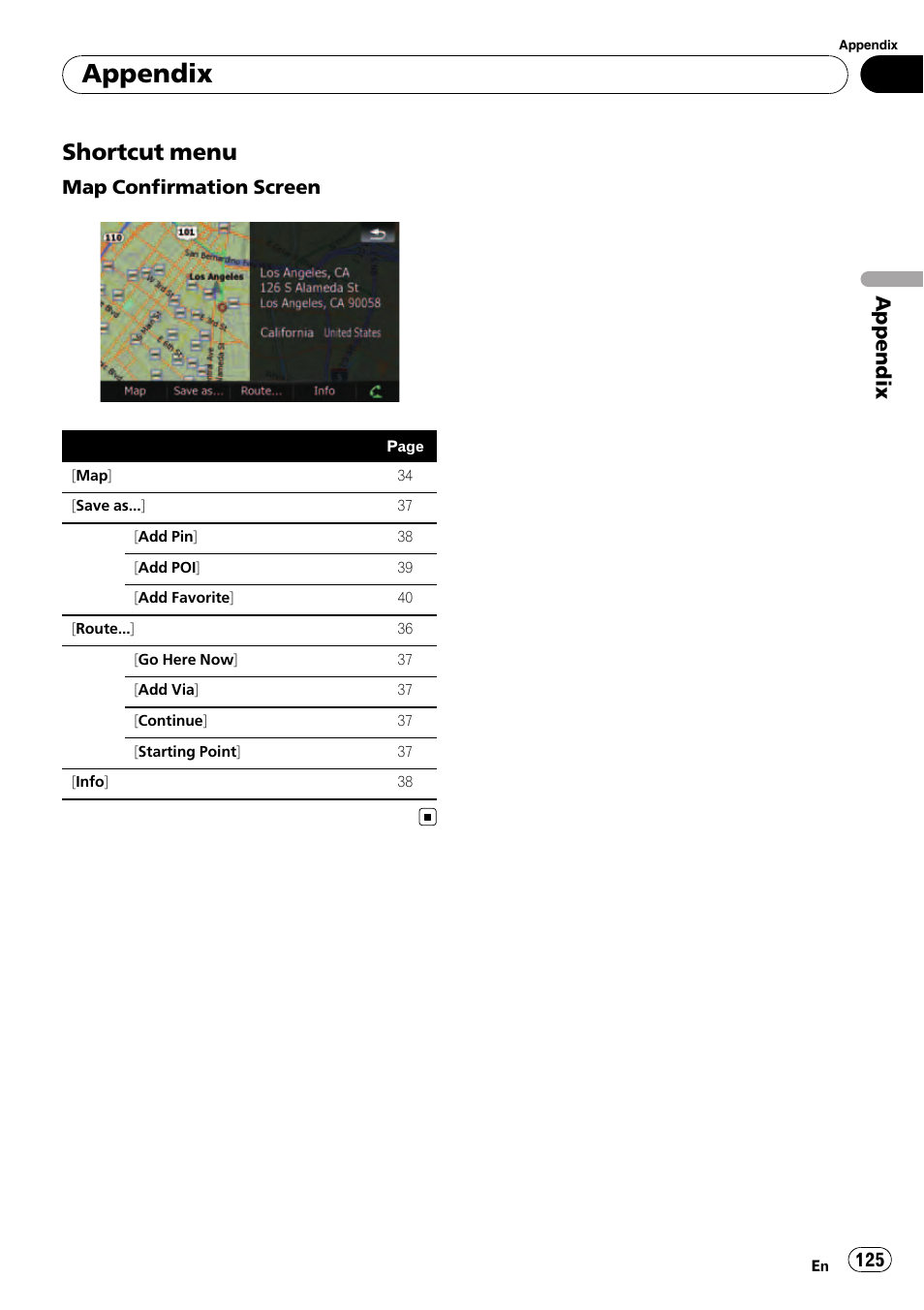 Shortcut menu 125, Appendix, Shortcut menu | Map confirmation screen | Pioneer AVIC F500BT User Manual | Page 125 / 129