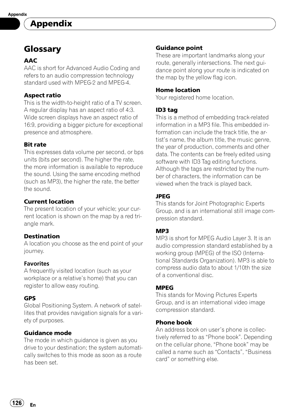 Glossary, Appendix | Pioneer AVIC F500BT User Manual | Page 126 / 129