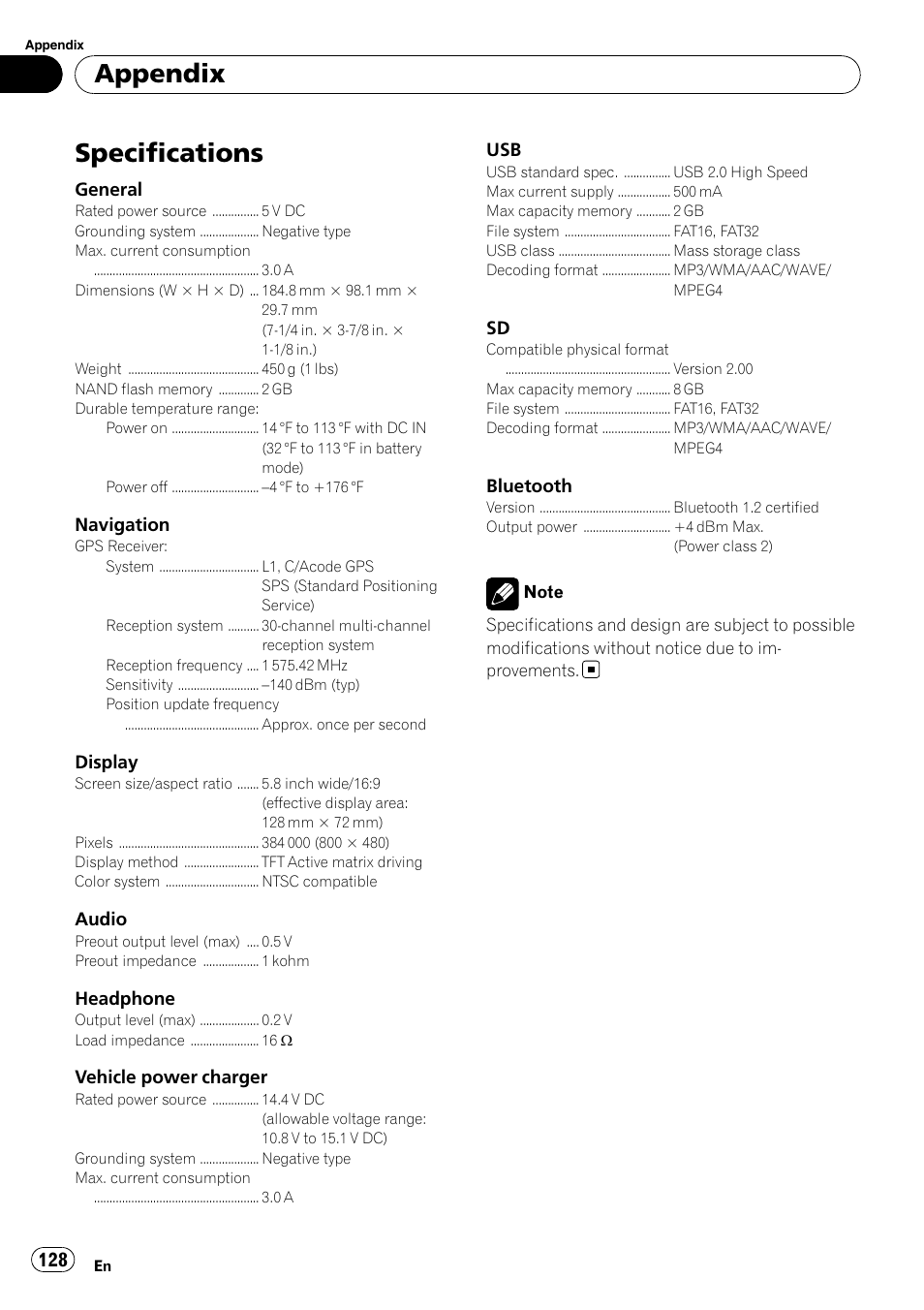 Specifications, Appendix | Pioneer AVIC F500BT User Manual | Page 128 / 129