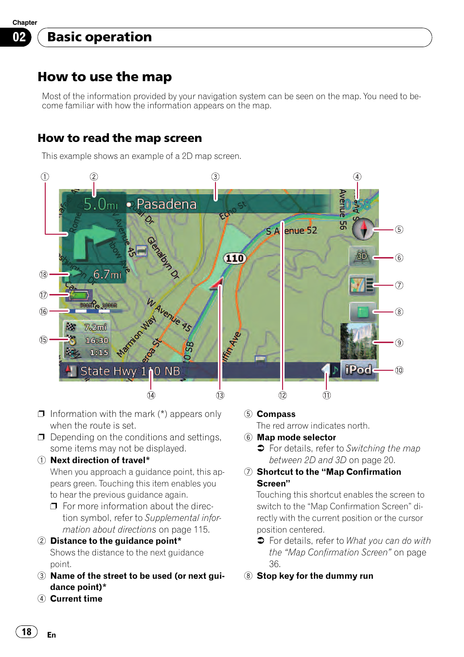 How to use the map, How to read the map screen 18, Basic operation | How to read the map screen | Pioneer AVIC F500BT User Manual | Page 18 / 129