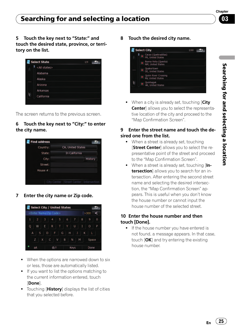 Searching for and selecting a location | Pioneer AVIC F500BT User Manual | Page 25 / 129