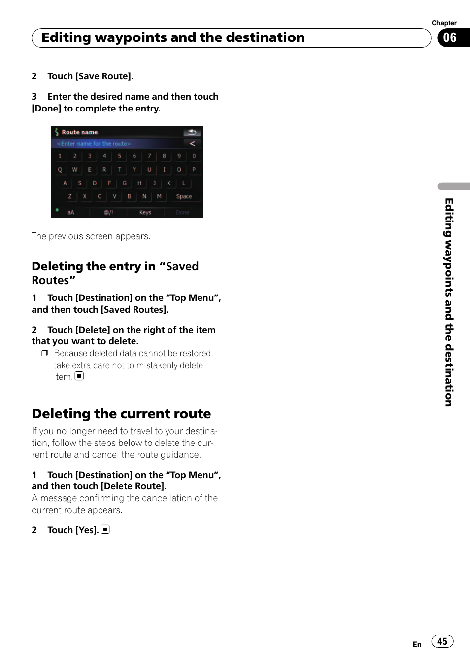 Deleting the entry in “saved, Routes, Deleting the current route | Editing waypoints and the destination | Pioneer AVIC F500BT User Manual | Page 45 / 129