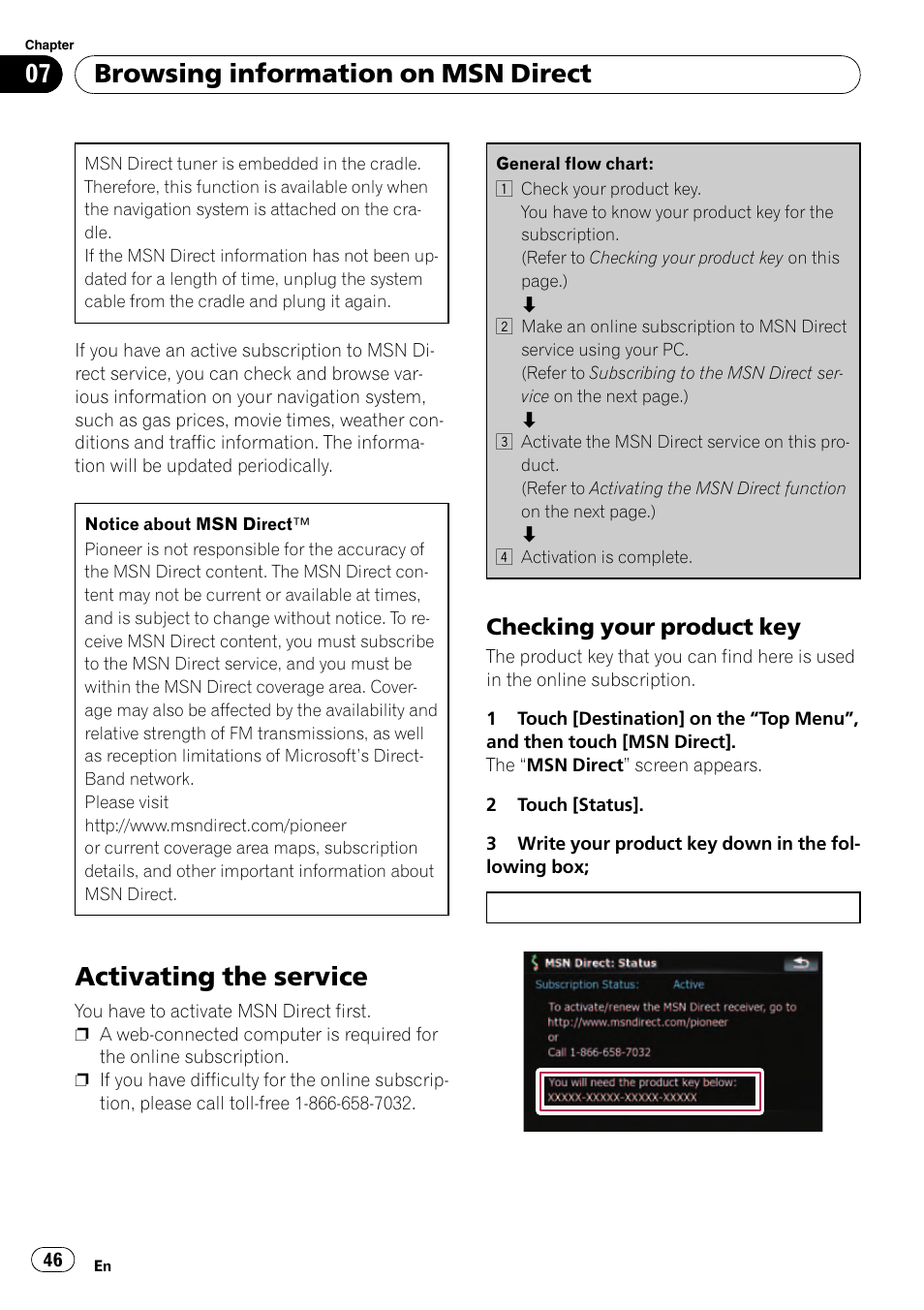Checking your product key 46, Activating the service, Browsing information on msn direct | Checking your product key | Pioneer AVIC F500BT User Manual | Page 46 / 129
