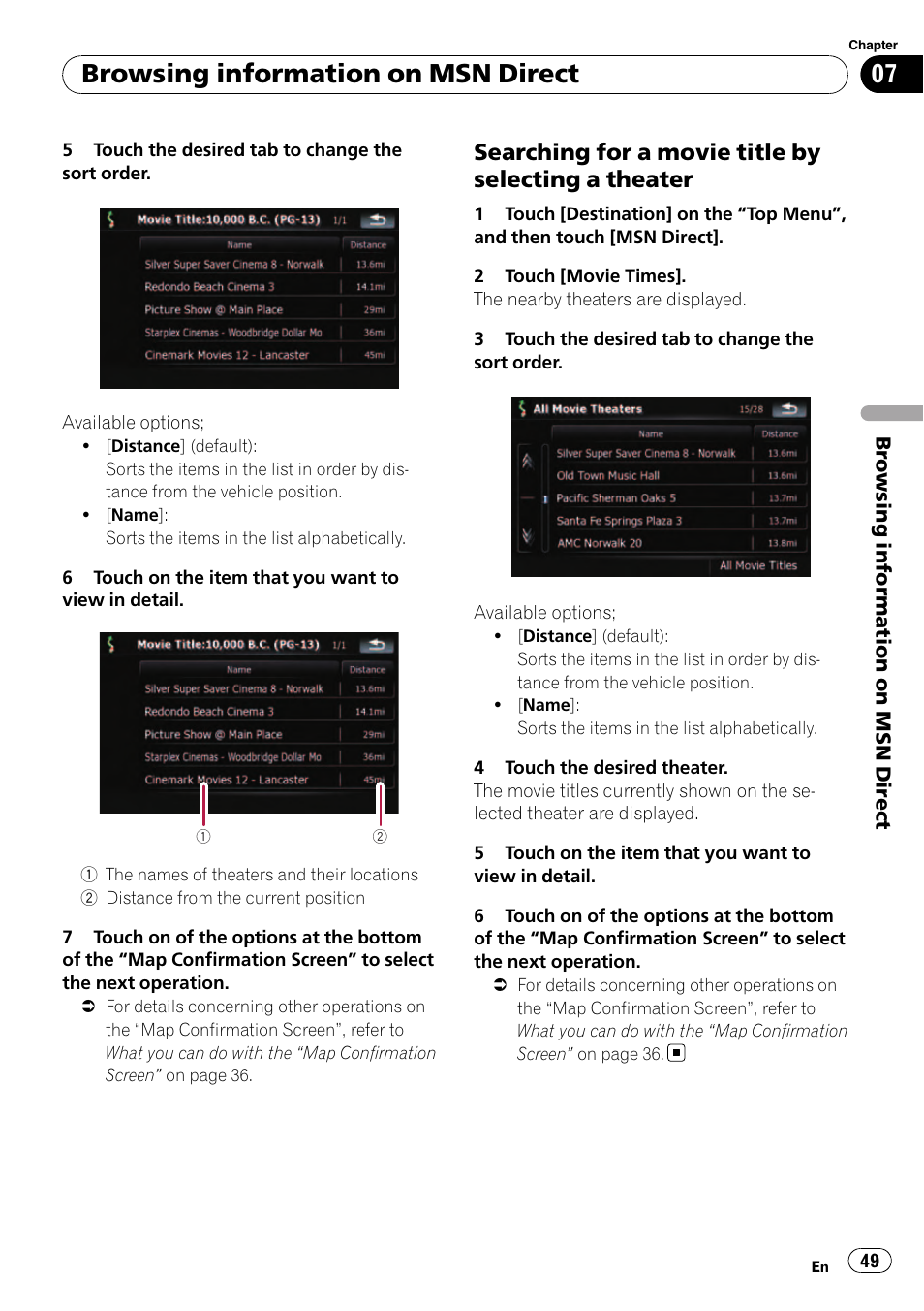 Searching for a movie title by selecting, A theater, Browsing information on msn direct | Searching for a movie title by selecting a theater | Pioneer AVIC F500BT User Manual | Page 49 / 129
