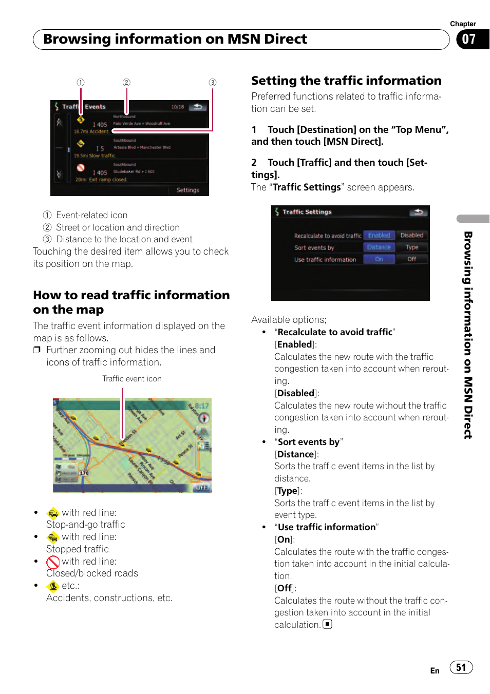 How to read traffic information on the, Setting the traffic information 51, Browsing information on msn direct | How to read traffic information on the map, Setting the traffic information | Pioneer AVIC F500BT User Manual | Page 51 / 129
