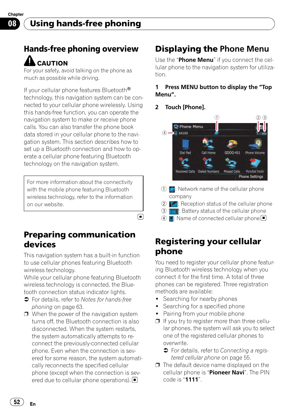 Preparing communication devices, Displaying the phone menu, Registering your cellular phone | Chapter 8, Hands-free phoning overview, Using hands-free phoning | Pioneer AVIC F500BT User Manual | Page 52 / 129