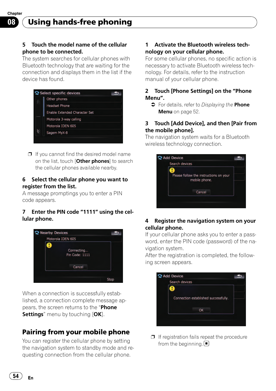 Pairing from your mobile phone 54, Using hands-free phoning, Pairing from your mobile phone | Pioneer AVIC F500BT User Manual | Page 54 / 129