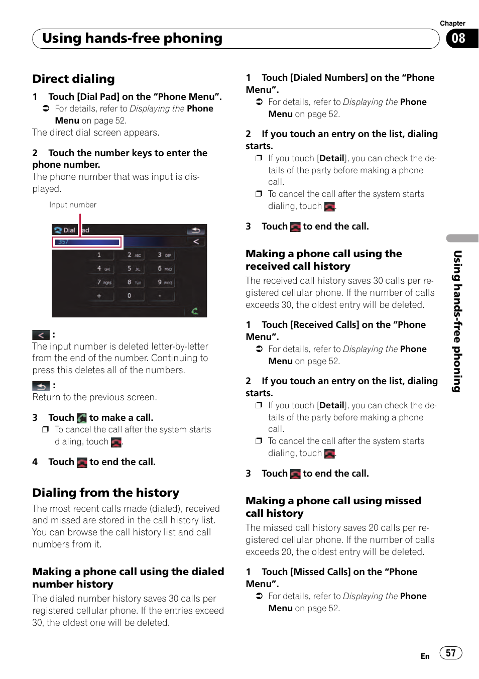 Direct dialing 57, Dialing from the history 57, Dialing from the history | Using hands-free phoning, Direct dialing | Pioneer AVIC F500BT User Manual | Page 57 / 129