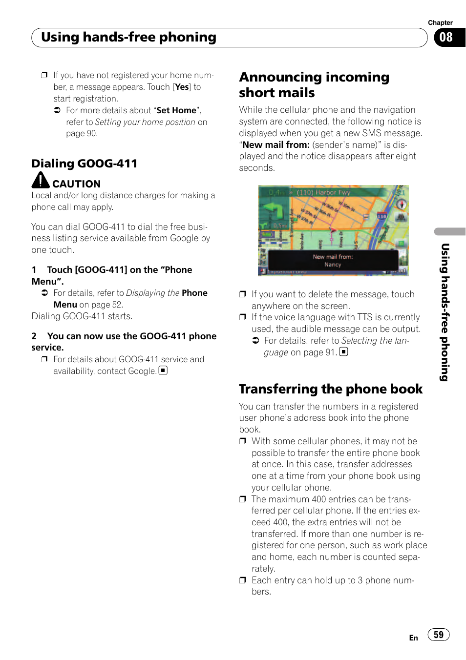 Dialing goog-411 59, Announcing incoming short mails, Transferring the phone book | Using hands-free phoning, Dialing goog-411 | Pioneer AVIC F500BT User Manual | Page 59 / 129
