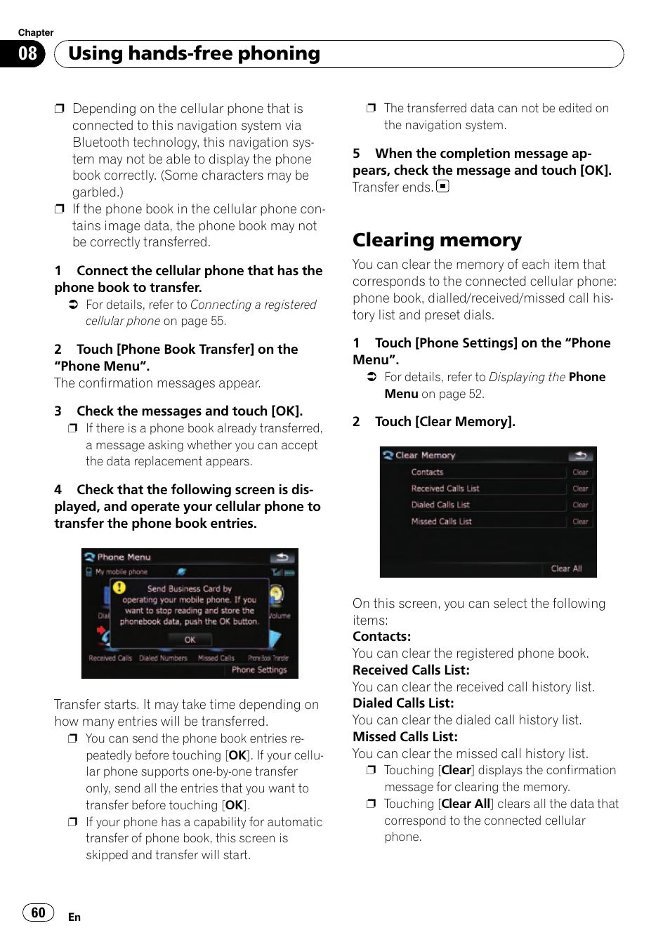Clearing memory, Using hands-free phoning | Pioneer AVIC F500BT User Manual | Page 60 / 129