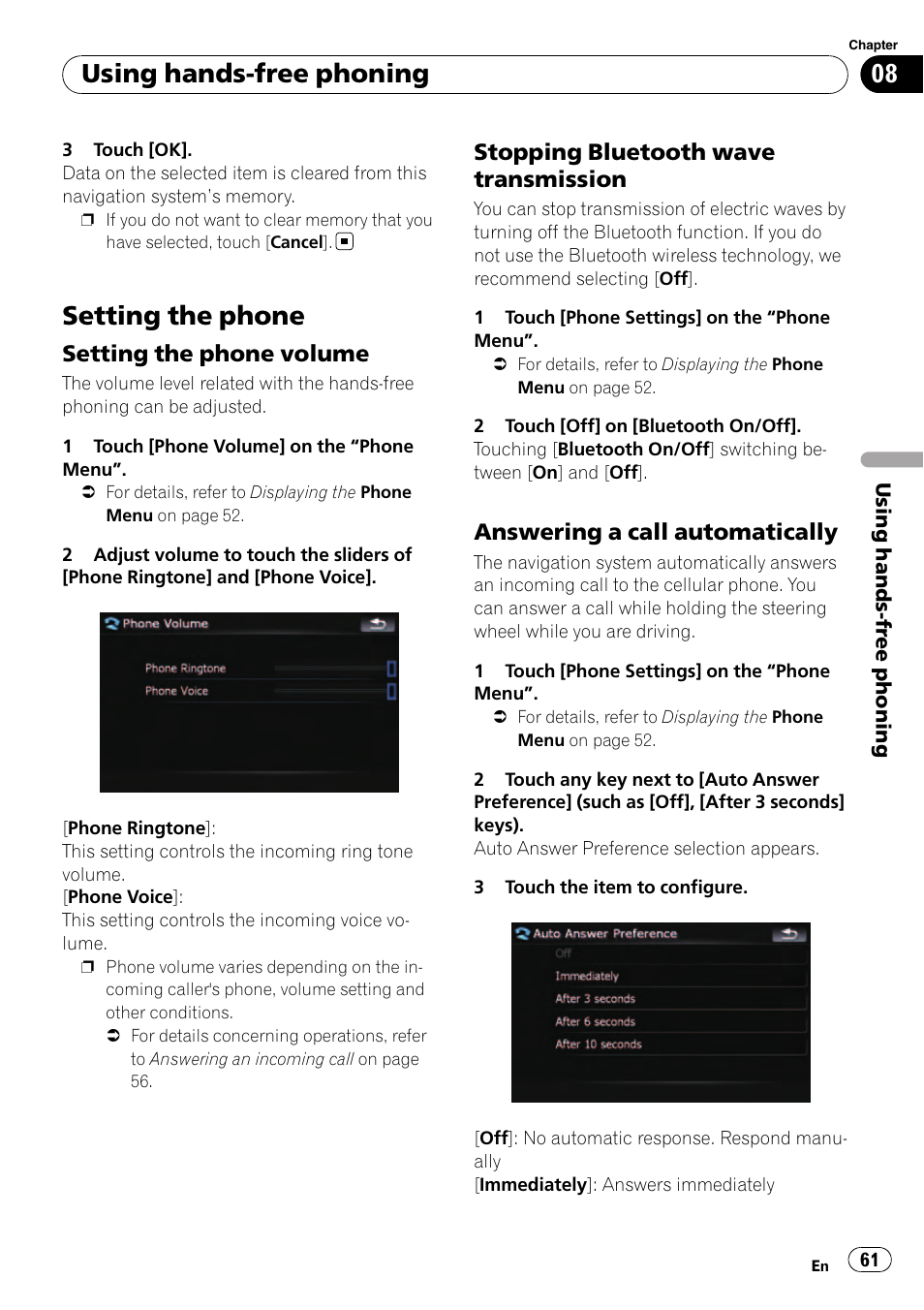 Setting the phone, Setting the phone volume 61, Stopping bluetooth wave | Transmission, Answering a call automatically 61, Answering a call, Setting the phone volume, Answering a call auto, Using hands-free phoning, Stopping bluetooth wave transmission | Pioneer AVIC F500BT User Manual | Page 61 / 129