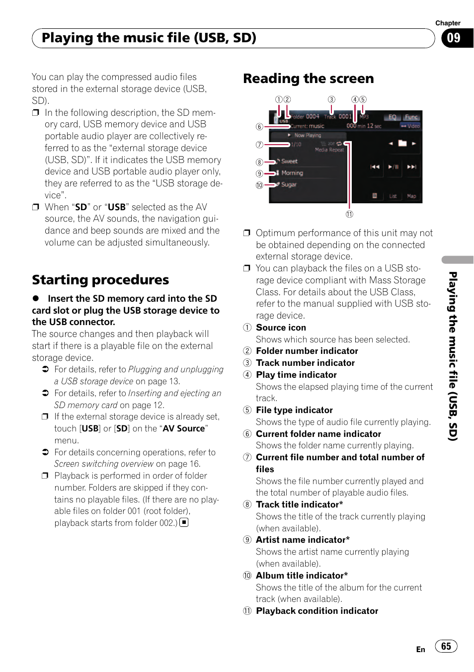 Reading the screen, Starting procedures, Playing the music file (usb, sd) | Pioneer AVIC F500BT User Manual | Page 65 / 129