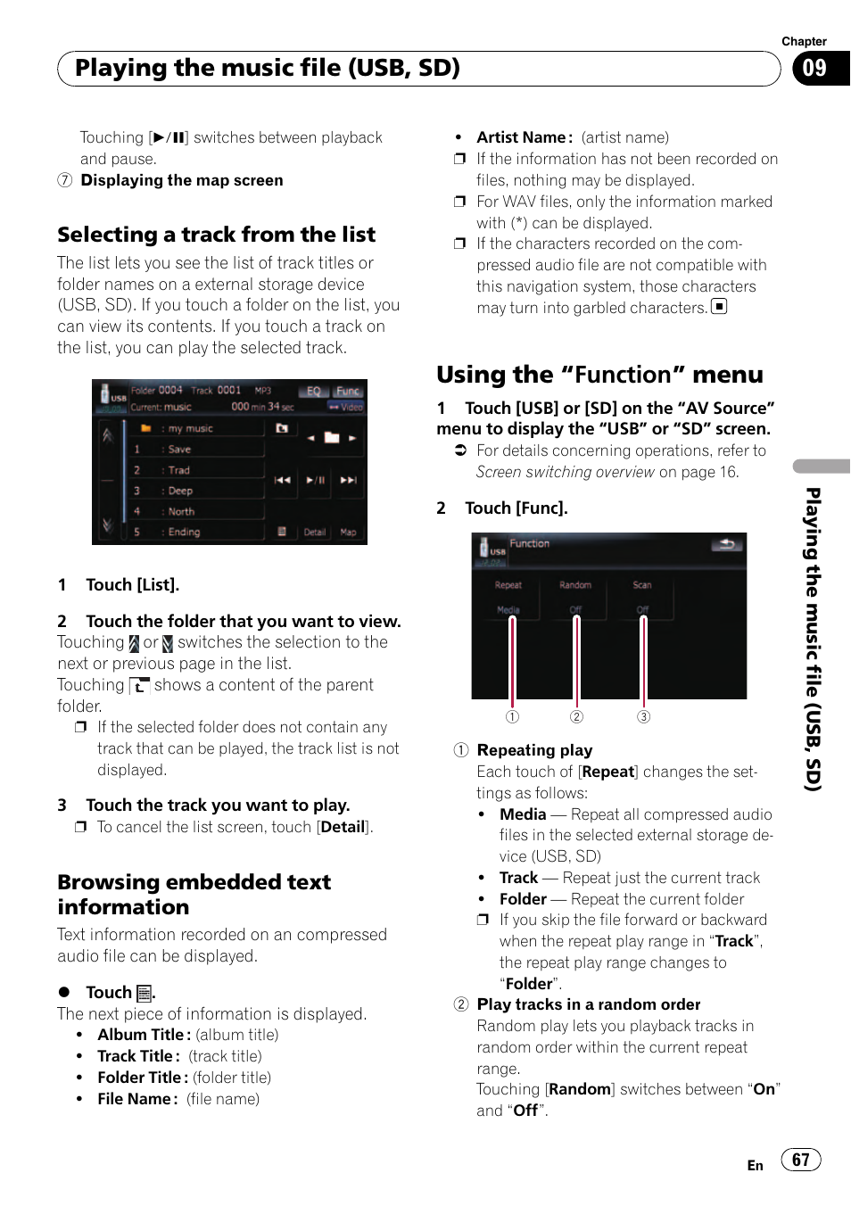 Selecting a track from the list 67, Browsing embedded text, Information | Using the, Function” menu 67, Using the “function” menu, Playing the music file (usb, sd), Selecting a track from the list, Browsing embedded text information | Pioneer AVIC F500BT User Manual | Page 67 / 129