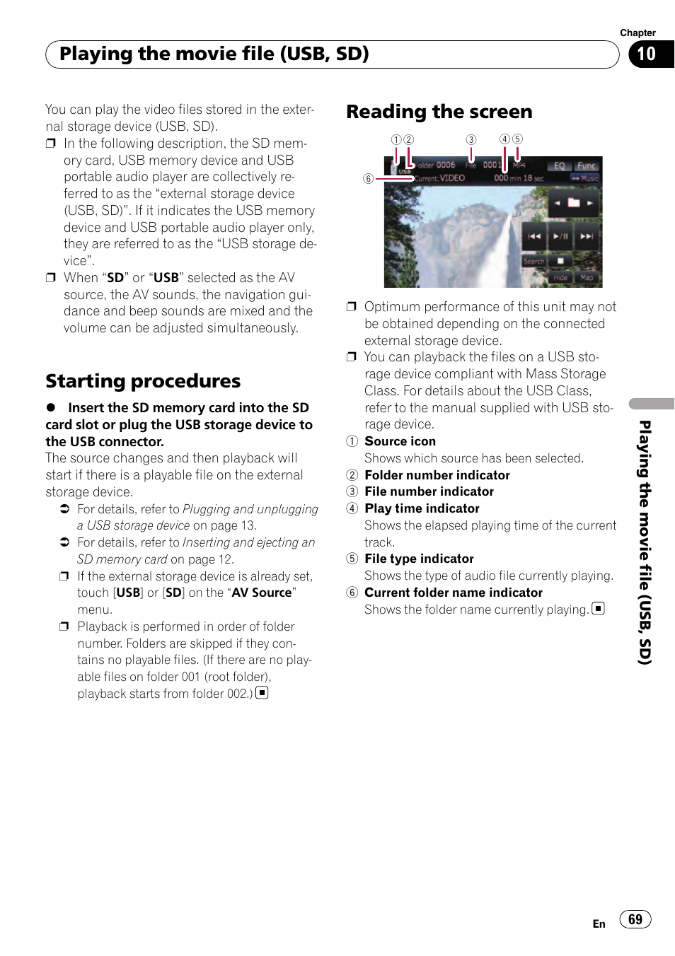 Reading the screen, Starting procedures, Playing the movie file (usb, sd) | Pioneer AVIC F500BT User Manual | Page 69 / 129