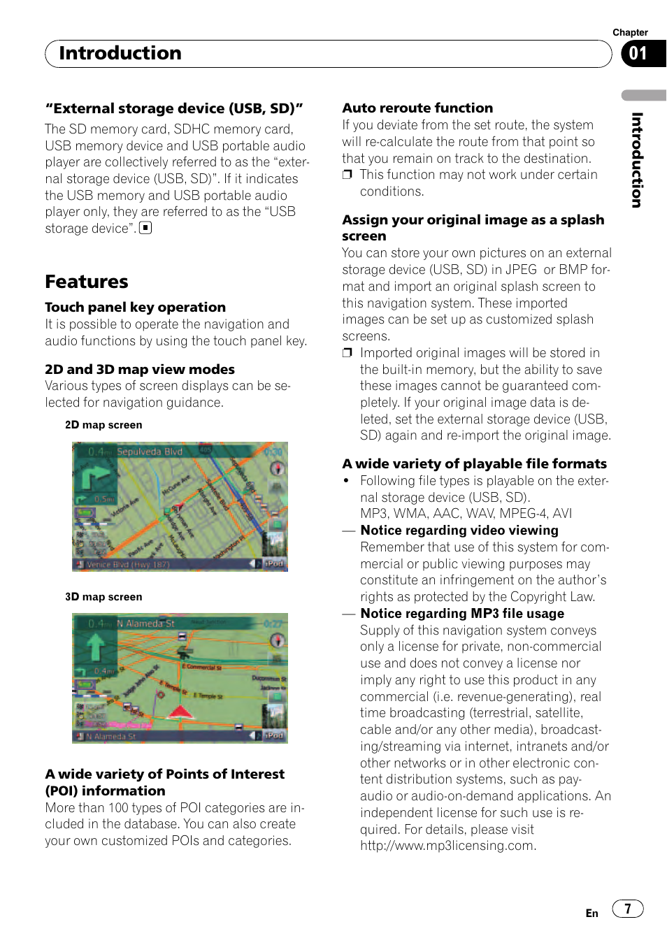 Features, Introduction | Pioneer AVIC F500BT User Manual | Page 7 / 129