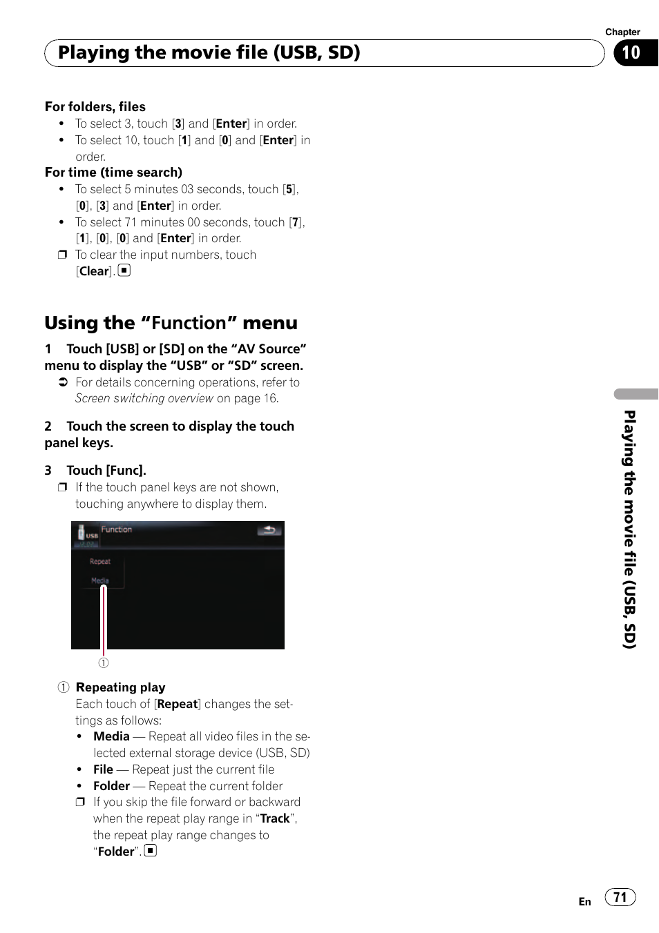 Using the, Function” menu 71, Using the “function” menu | Playing the movie file (usb, sd) | Pioneer AVIC F500BT User Manual | Page 71 / 129