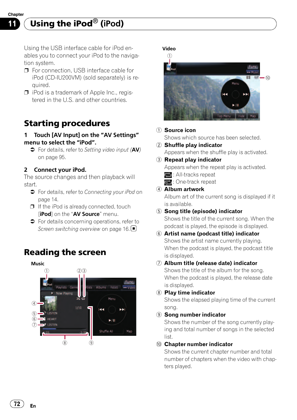 Using the ipod® (ipod) starting procedures, Reading the screen, Starting procedures | Using the ipod, Ipod) | Pioneer AVIC F500BT User Manual | Page 72 / 129