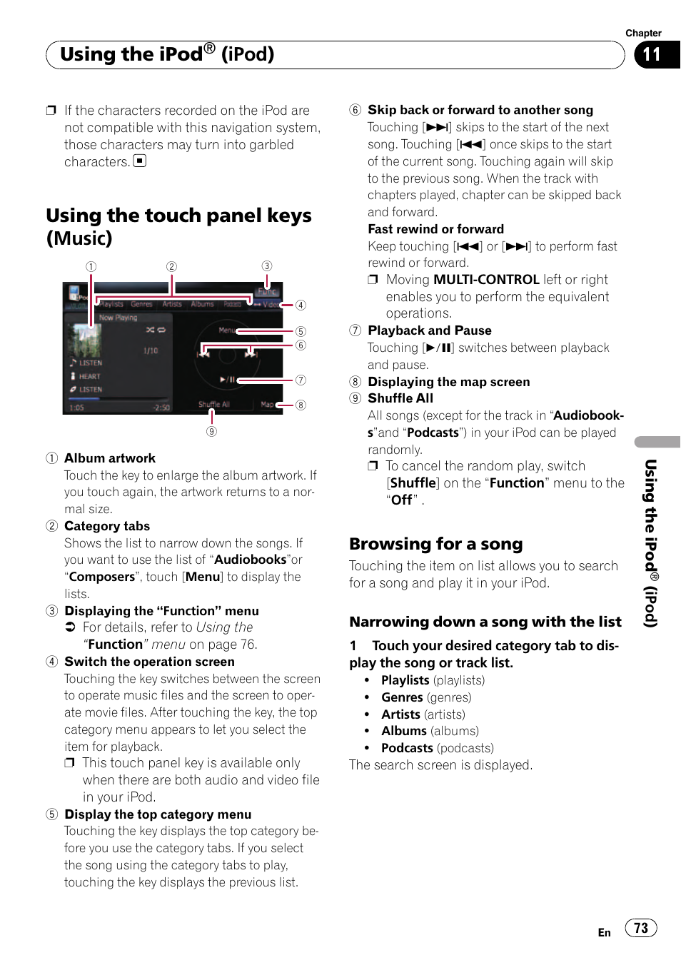 Using the touch panel keys (music), Browsing for a song 73, Using the ipod | Ipod), Browsing for a song | Pioneer AVIC F500BT User Manual | Page 73 / 129