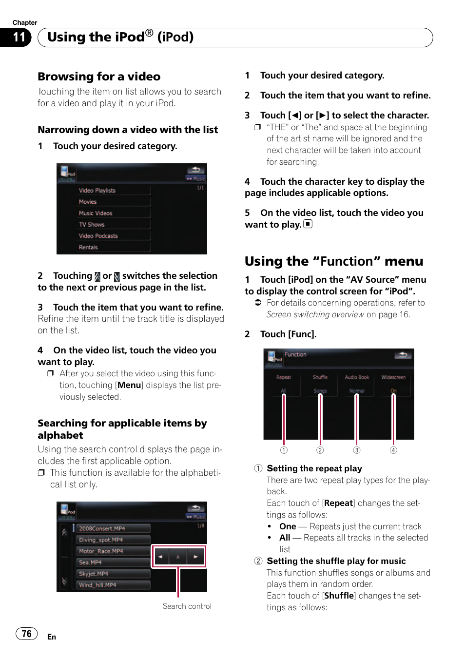 Browsing for a video 76, Using the, Function” menu 76 | Using the “function” menu, Using the ipod, Ipod), Browsing for a video | Pioneer AVIC F500BT User Manual | Page 76 / 129