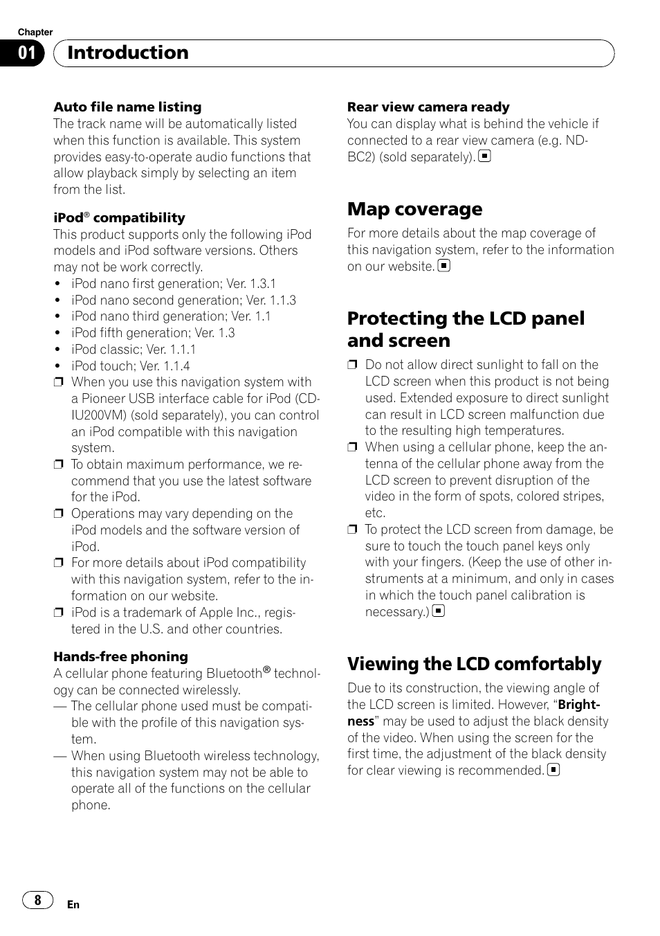 Map coverage, Protecting the lcd panel and screen, Viewing the lcd comfortably | Introduction | Pioneer AVIC F500BT User Manual | Page 8 / 129