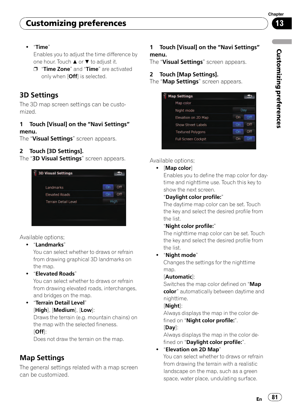 3d settings 81, Map settings 81, Map settings on | Customizing preferences, 3d settings, Map settings | Pioneer AVIC F500BT User Manual | Page 81 / 129