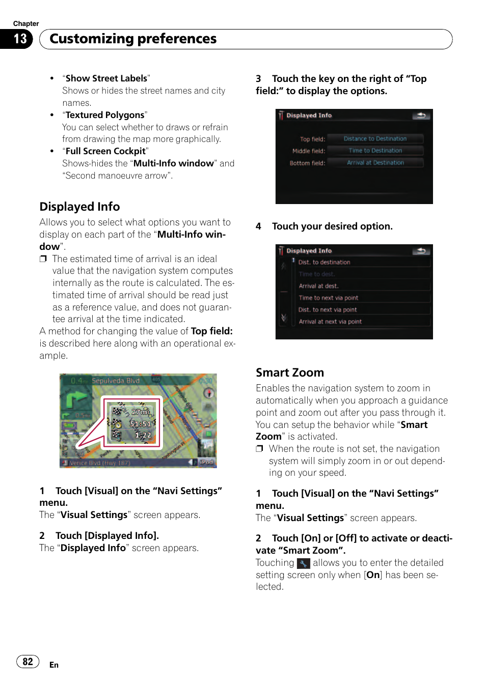 Displayed info 82, Smart zoom 82, Displayed info on | Customizing preferences, Displayed info, Smart zoom | Pioneer AVIC F500BT User Manual | Page 82 / 129