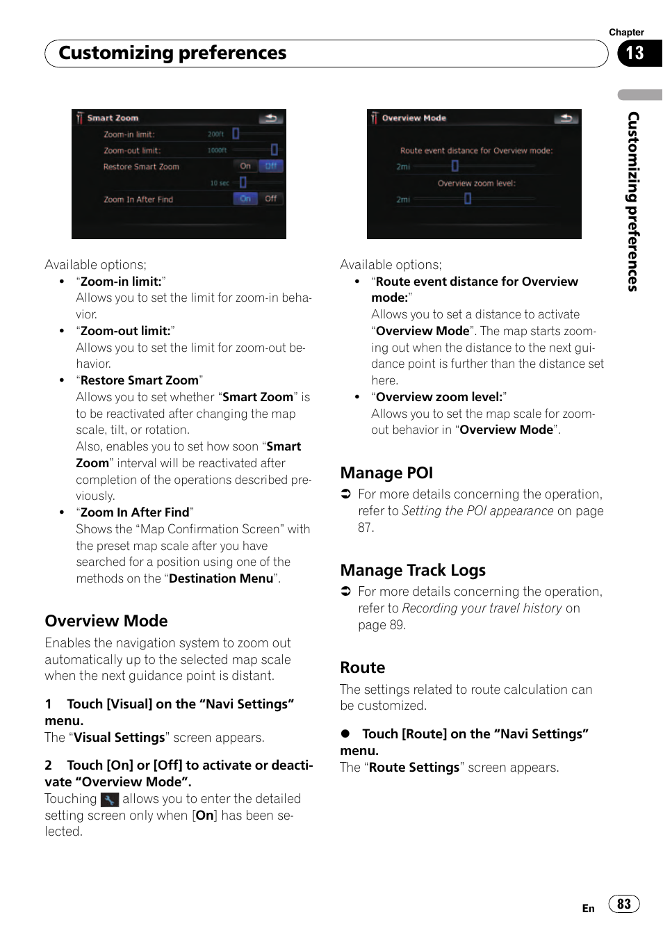 Overview mode 83, Manage poi 83, Manage track logs 83 | Route 83, Customizing preferences, Overview mode, Manage poi, Manage track logs, Route | Pioneer AVIC F500BT User Manual | Page 83 / 129