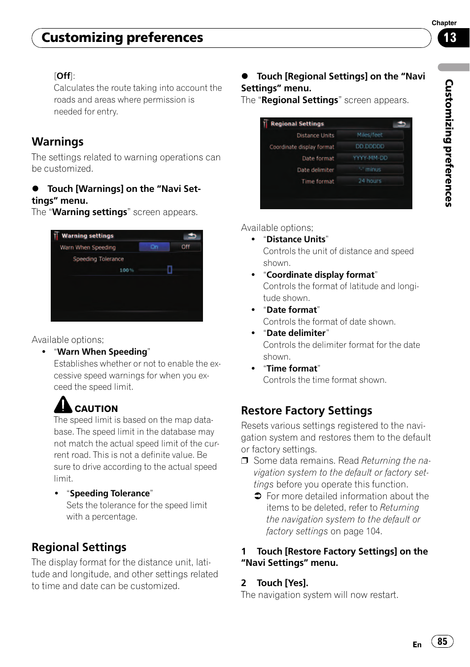 Warnings 85, Regional settings 85, Restore factory settings 85 | Customizing preferences, Warnings, Regional settings, Restore factory settings | Pioneer AVIC F500BT User Manual | Page 85 / 129