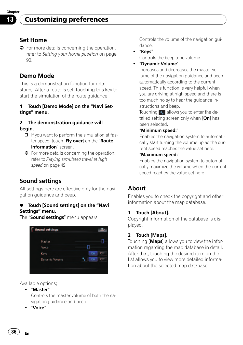Set home 86, Demo mode 86, Sound settings 86 | About 86, Demo mode on, Customizing preferences, Set home, Demo mode, Sound settings, About | Pioneer AVIC F500BT User Manual | Page 86 / 129