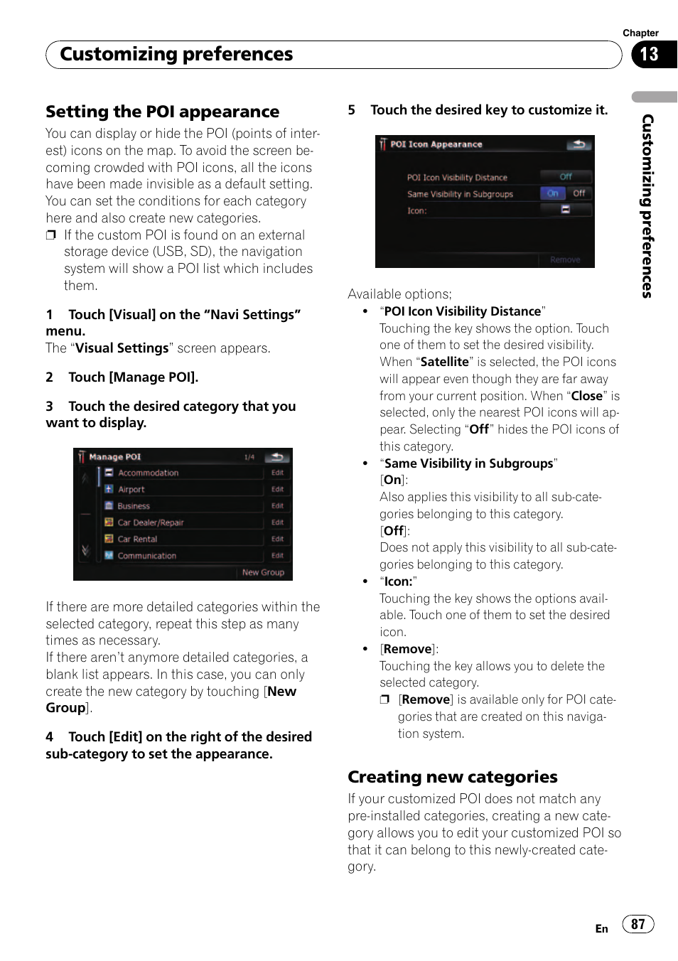 Setting the poi appearance 87, Creating new categories 87, Customizing preferences | Setting the poi appearance, Creating new categories | Pioneer AVIC F500BT User Manual | Page 87 / 129