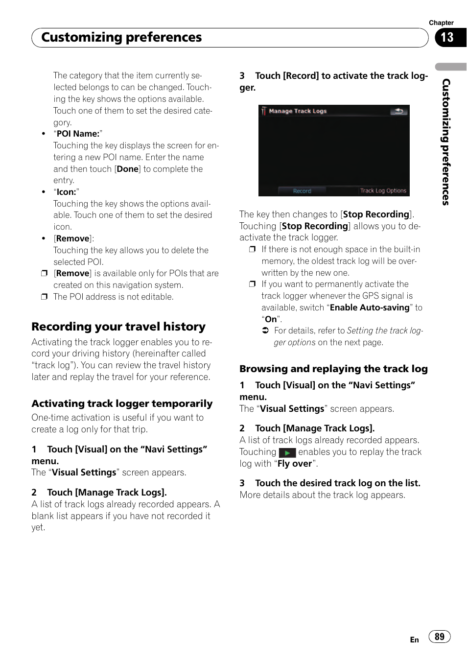 Recording your travel history 89, Customizing preferences, Recording your travel history | Pioneer AVIC F500BT User Manual | Page 89 / 129