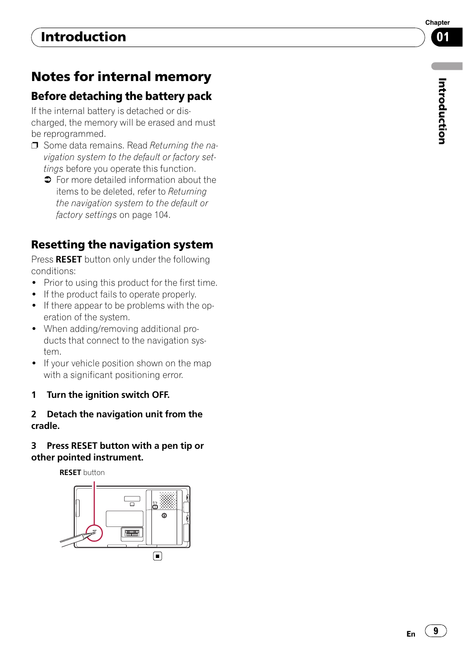 Notes for internal memory, Before detaching the battery pack 9, Resetting the navigation system 9 | Introduction | Pioneer AVIC F500BT User Manual | Page 9 / 129