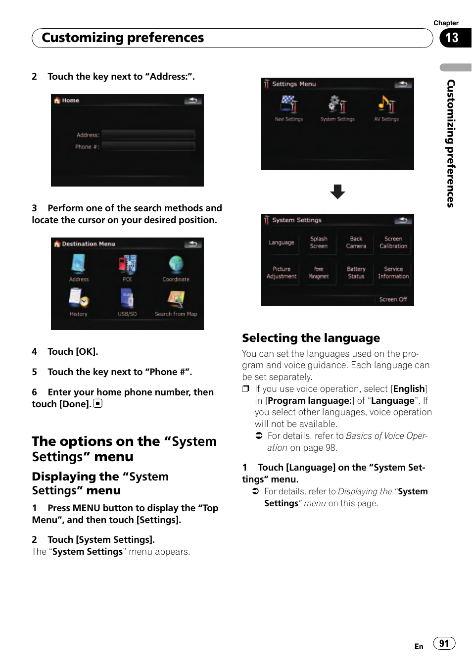 The options on the, System settings, Menu | Displaying the “system settings, Selecting the language 91, Selecting the lan, The options on the “system settings ” menu, Customizing preferences | Pioneer AVIC F500BT User Manual | Page 91 / 129